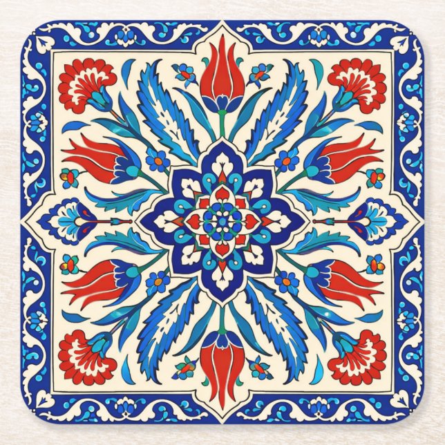 Ottoman Style Blue Red Tulip  Pattern Square Paper Coaster (Front)