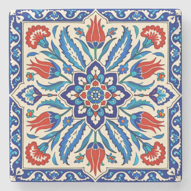 Ottoman Style Blue Red Tulip  Pattern Stone Coaster (Front)