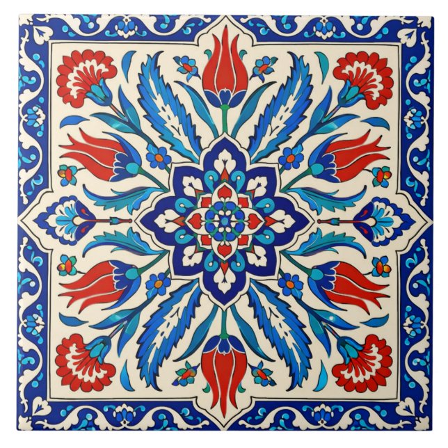 Ottoman Style Blue Red Tulip  Pattern Tile (Front)