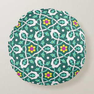 Ottoman Turkish vine design in green and white Round Cushion
