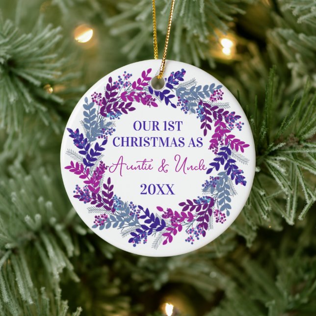 Ou First Christmas as Auntie & Uncle Purple Wreath Ceramic Tree Decoration (Tree)