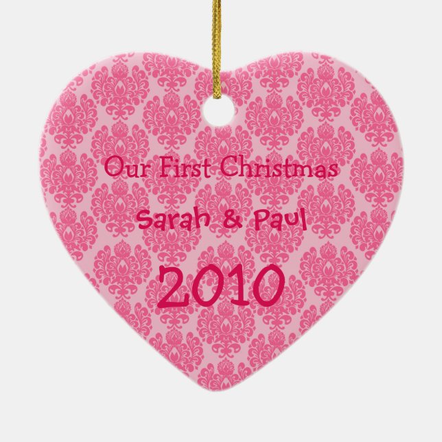 Ou First Christmas Pink Damask Photo Ornament (Back)
