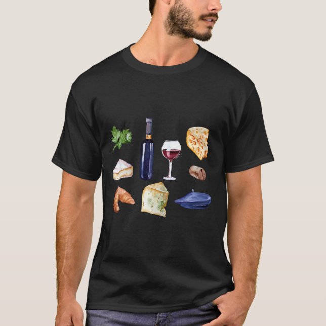 Oui In France Great Red Wine Cheeses Beret Croissa T-Shirt (Front)