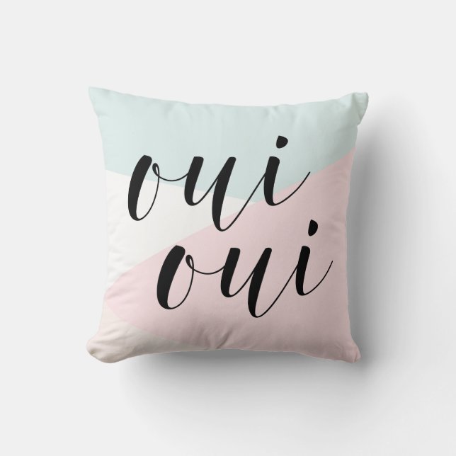 Oui Oui Modern Calligraphy Blush & Blue Geometric Cushion (Front)