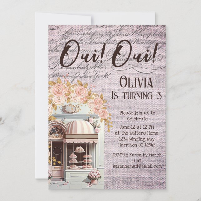 Oui Oui Turning Three Paris Cafe Birthday Party  Invitation (Front)