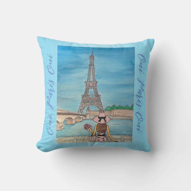 Oui Paris Oui Blue Throw Pillow Women Of Travel (Front)