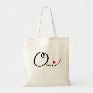 Oui Yes French Script Black Red Heart Typography Tote Bag