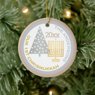 Our 1st Chrismukkah Tree Menorah Keepsake Photo Ceramic Tree Decoration
