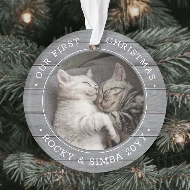 Our 1st Christmas 2 Pets Photo Grey Faux Wood Ornament (Creator Uploaded)
