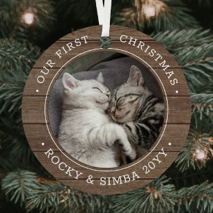 Our 1st Christmas 2 Pets Photo Rustic Faux Wood Metal Tree Decoration