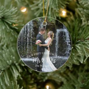 Our 1st Christmas as Mr and Mrs Wedding Photo Ceramic Tree Decoration