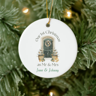 Our 1st Christmas as Mr & Mrs Green Wintery Door Ceramic Tree Decoration