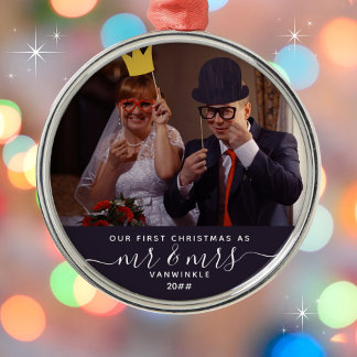 Our 1st Christmas as Mr & Mrs Last Name Navy Blue Metal Tree Decoration