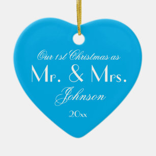 Our 1st Christmas As Mr & Mrs Script Elegant Blue  Ceramic Tree Decoration