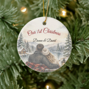 Our 1st Christmas Couple Cabin Lake Scene Ceramic Tree Decoration
