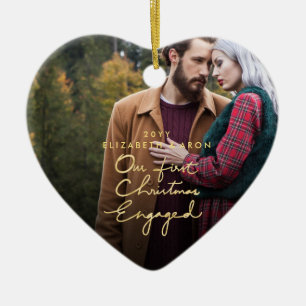 Our 1st Christmas Engaged Gold Photo Heart shaped Ceramic Tree Decoration