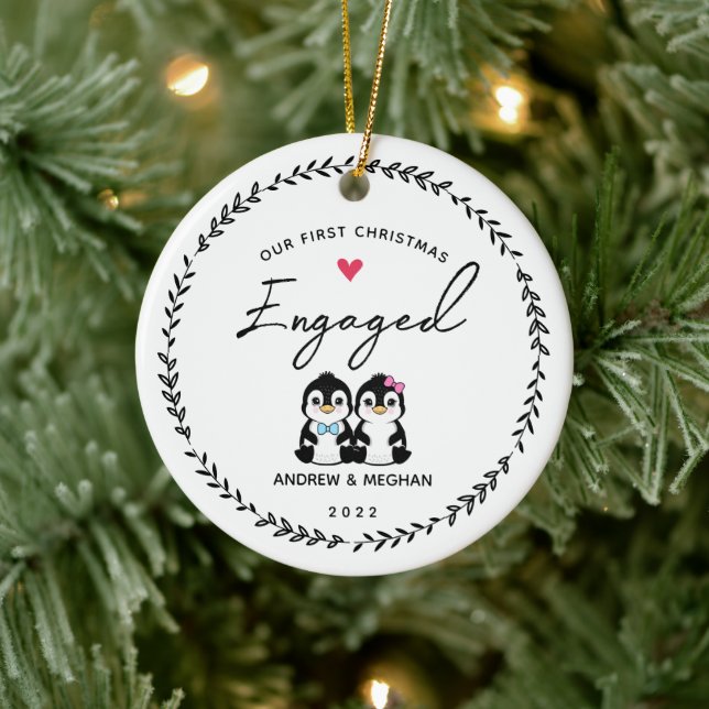 Our 1st Christmas Engaged Penguin Ceramic Tree Decoration (Tree)