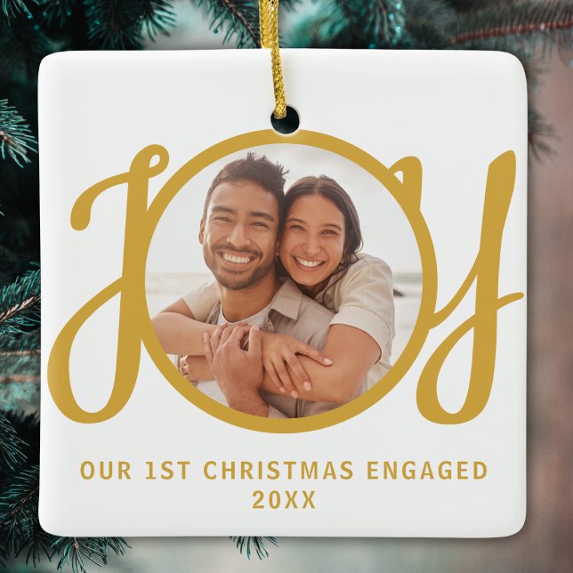 Our 1st Christmas Engaged Photo Gold Keepsake Ceramic Ornament (Creator Uploaded)