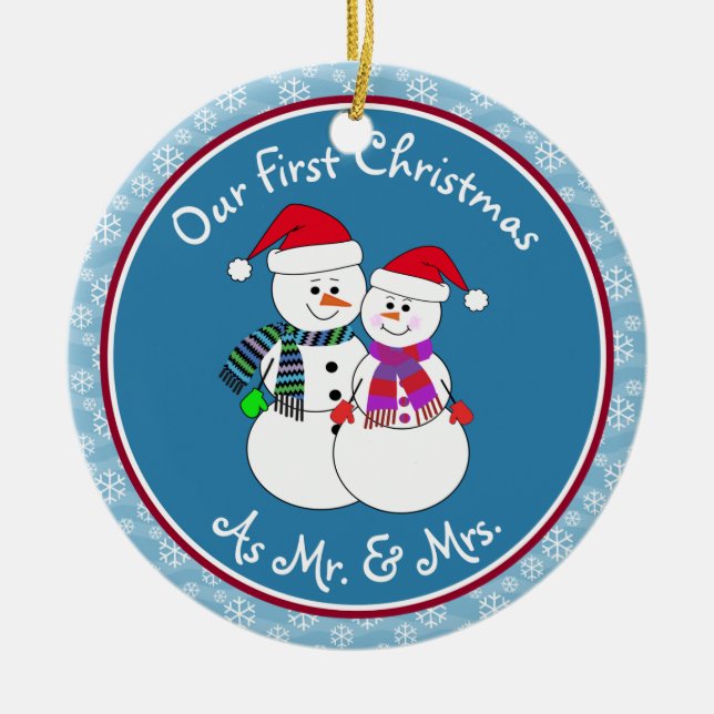 Our 1st Christmas Married Gift Fun Snow Couple Ceramic Tree Decoration (Front)