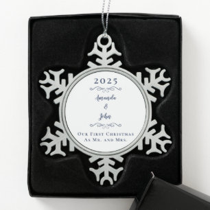 Our 1st Christmas Mr & Mrs Names Year Elegant Blue Snowflake Pewter Christmas Ornament