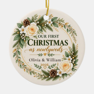 Our 1st Christmas Newlyweds Elegant Winter Floral Ceramic Tree Decoration