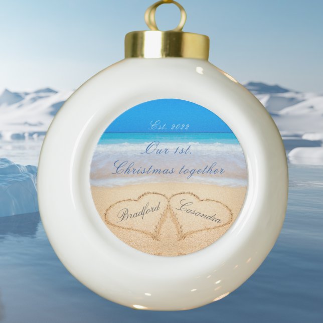 Our 1st Christmas Together. Couples Names in Heart Ceramic Ball Christmas Ornament (Creator Uploaded)