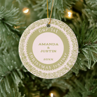 Our 1st Christmas together Gold Wreath on rose - Ceramic Tree Decoration