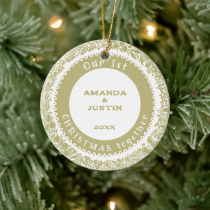 Our 1st Christmas together Gold Wreath on white - Ceramic Tree Decoration