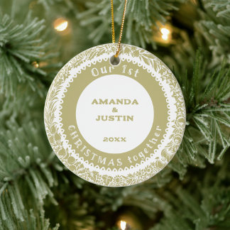 Our 1st Christmas together Gold Wreath on white - Ceramic Tree Decoration