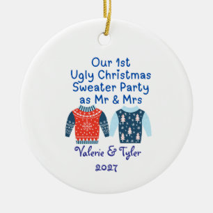 Our 1st Ugly Christmas Sweater Party as Mr & Mrs Ceramic Tree Decoration