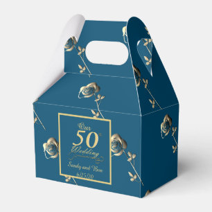 "Our 50th Wedding Anniversary" Blue&Pale Gold Rose Favour Box