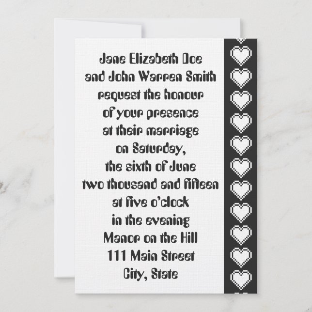 Our 8-Bit Hearts in Black Wedding Invitation (Front)