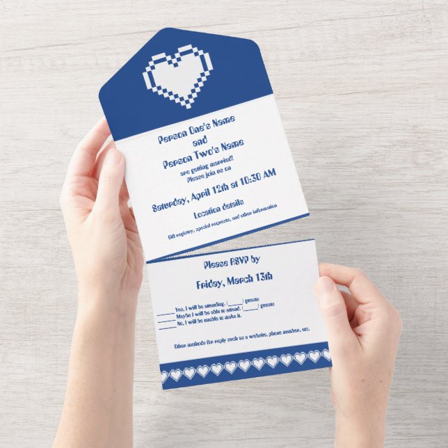 Our 8-bit Hearts in Blue All In One Invitation (Tearaway)