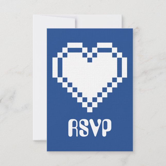 Our 8-Bit Hearts in Blue RSVP Card (Front)