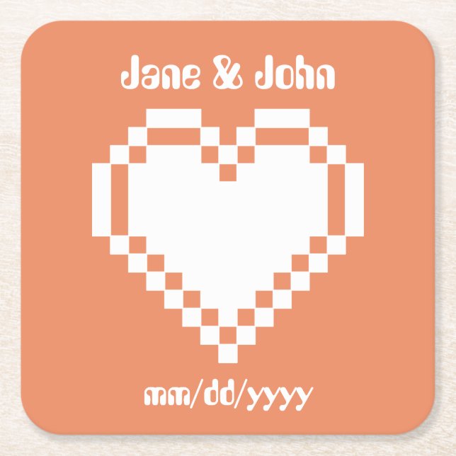 Our 8-Bit Hearts in Coral Paper Coaster (Front)