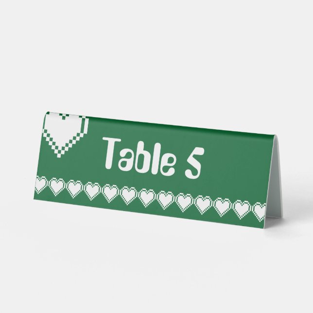 Our 8-Bit Hearts in Green Table Tent Sign (Front)