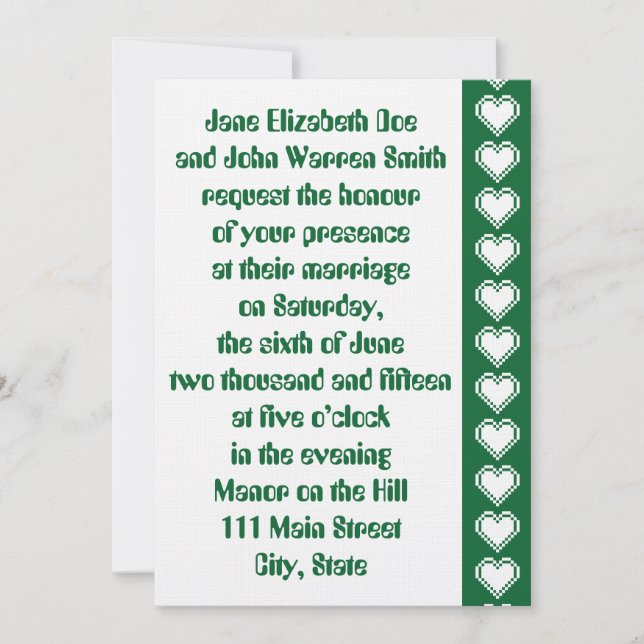 Our 8-Bit Hearts in Green Wedding Invitation (Front)