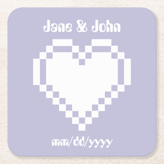 Our 8-Bit Hearts in Lavender Paper Coaster (Front)