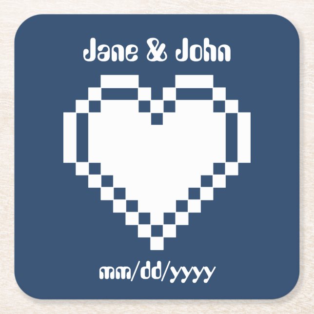 Our 8-Bit Hearts in Navy Paper Coaster (Front)