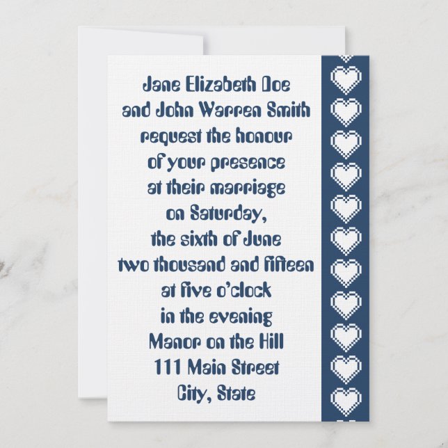 Our 8-Bit Hearts in Navy Wedding Invitation (Front)