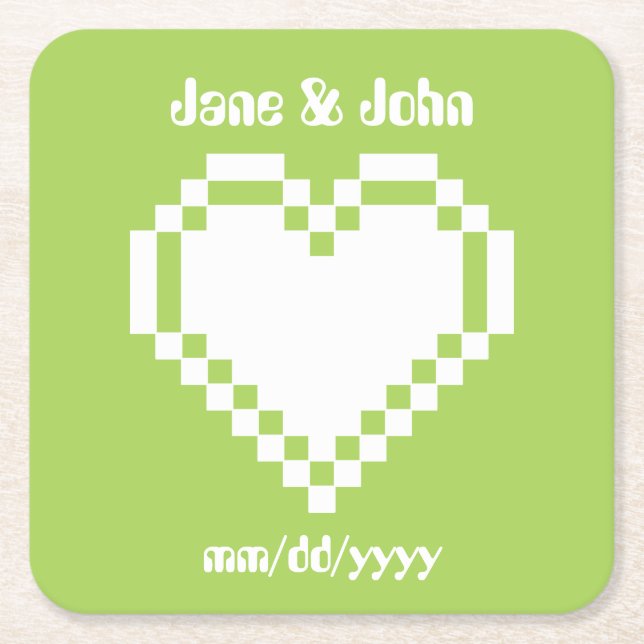 Our 8-Bit Hearts in Peridot Paper Coaster (Front)