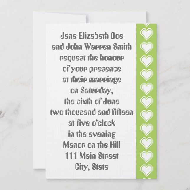 Our 8-Bit Hearts in Peridot Wedding Invitation (Front)