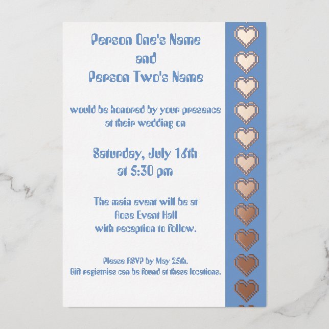 Our 8-Bit Hearts in Periwinkle Foil Invitation (Front)