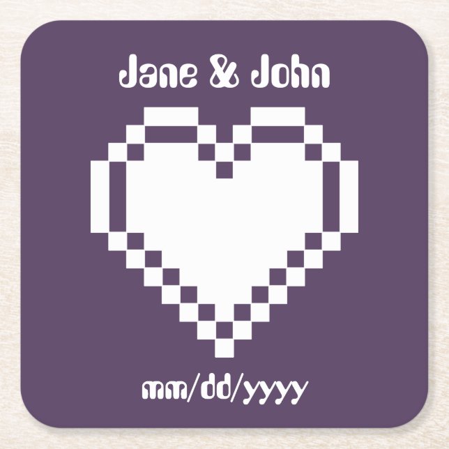 Our 8-Bit Hearts in Purple Paper Coaster (Front)