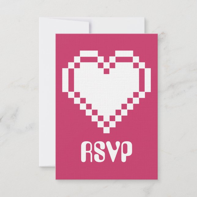 Our 8-Bit Hearts in Raspberry RSVP Card (Front)