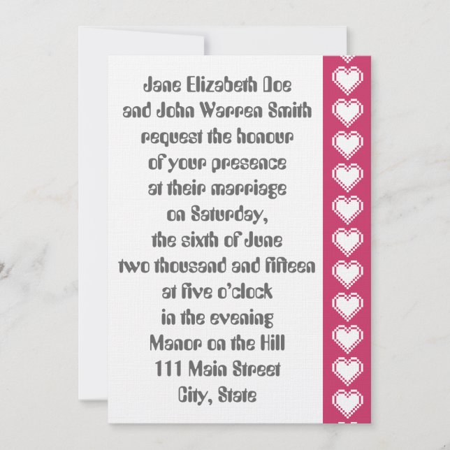 Our 8-Bit Hearts in Raspberry Wedding Invitation (Front)
