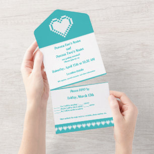 Our 8-bit Hearts in Turquoise All In One Invitation