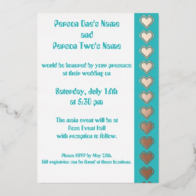 Our 8-Bit Hearts in Turquoise Foil Invitation (Front)