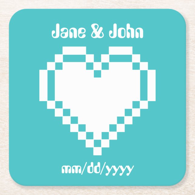 Our 8-Bit Hearts in Turquoise Paper Coaster (Front)