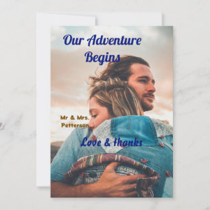 Our adventure begins add couple photo love &thanks invitation